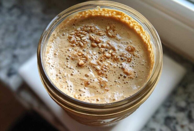 Overhead view of High-Protein Peanut Butter Overnight Oats topped with seeds in a glass jar.