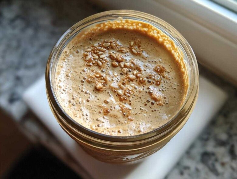 Overhead view of High-Protein Peanut Butter Overnight Oats topped with seeds in a glass jar.