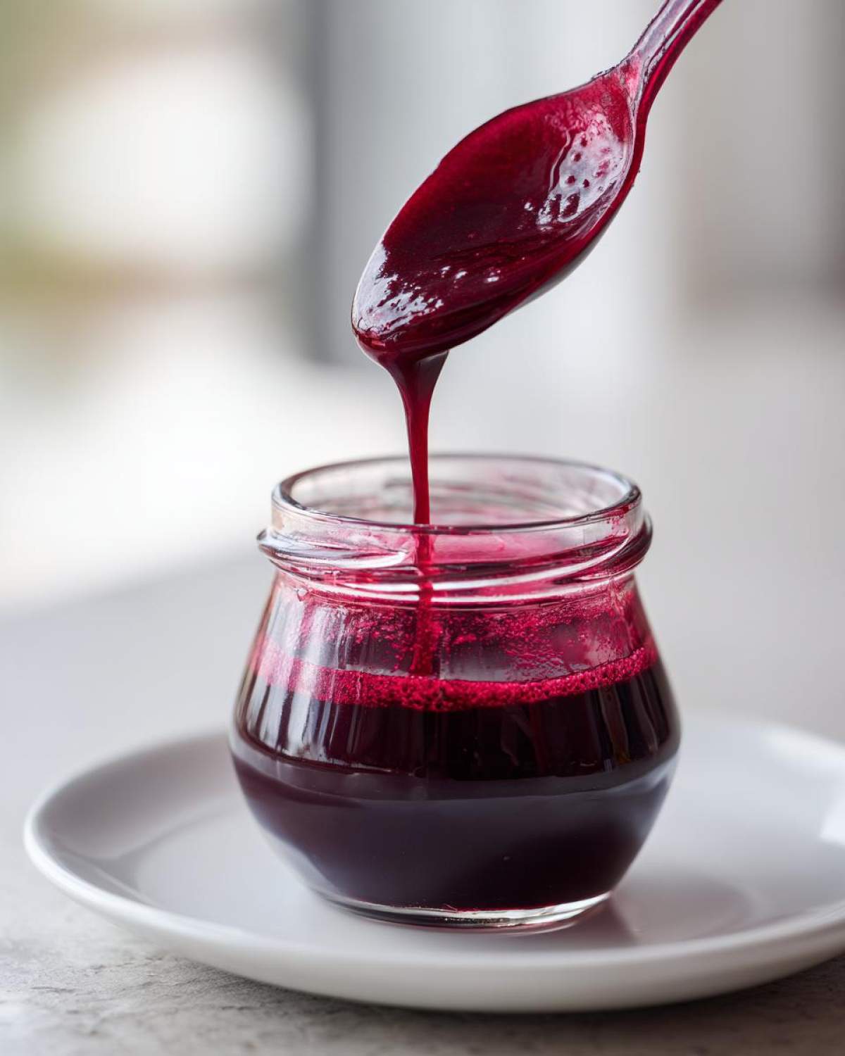 A spoonful of thick, dark Homemade Blueberry Syrup being poured back into a small glass jar.