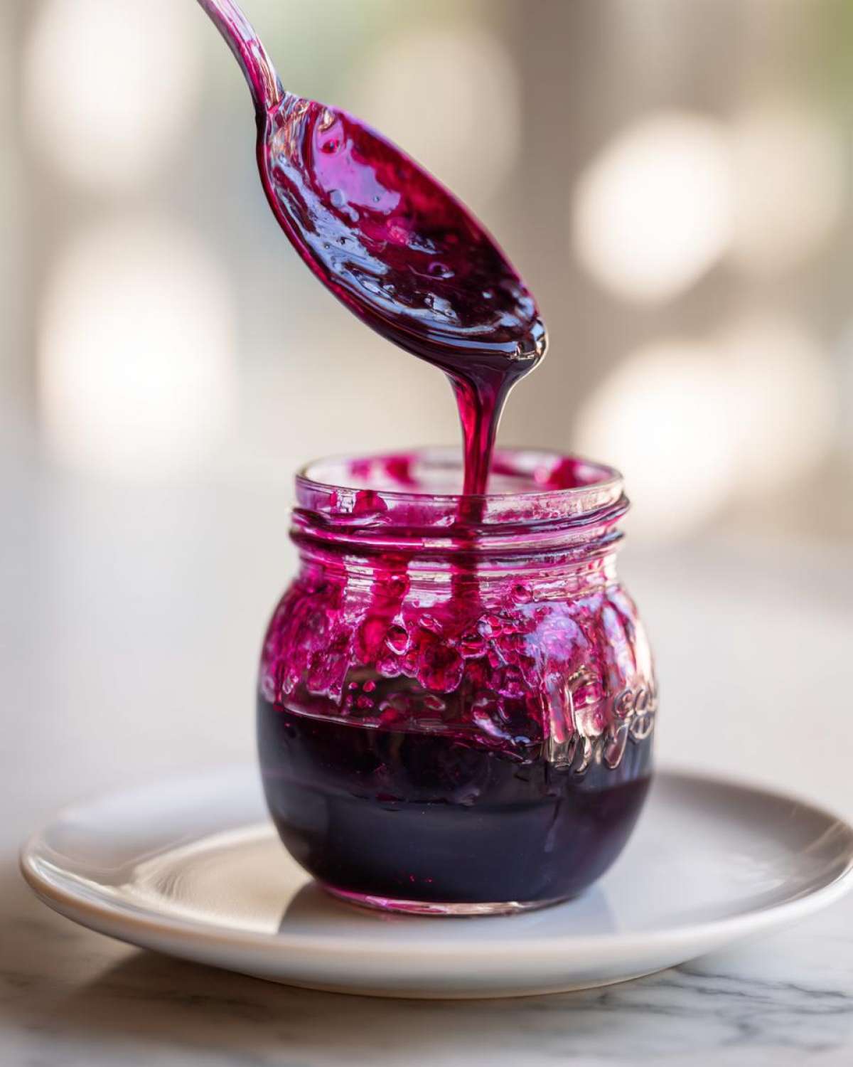 A spoon pours thick, rich Homemade Blueberry Syrup back into a small glass jar.