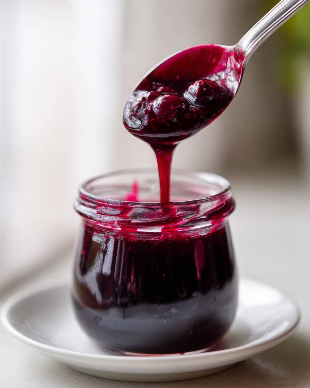 A silver spoon lifts thick, rich Homemade Blueberry Syrup, dripping back into a small glass jar.