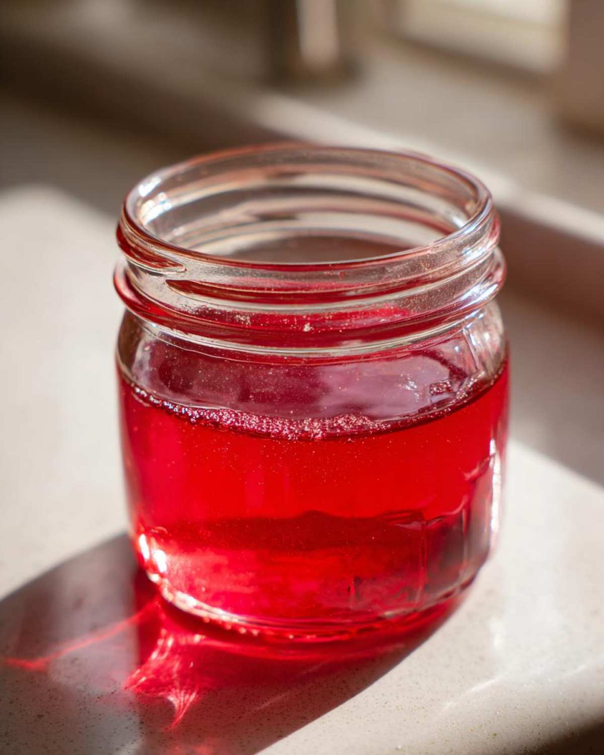 Close-up of bright red Homemade Strawberry Lemonade Concentrate stored in a small glass jar.