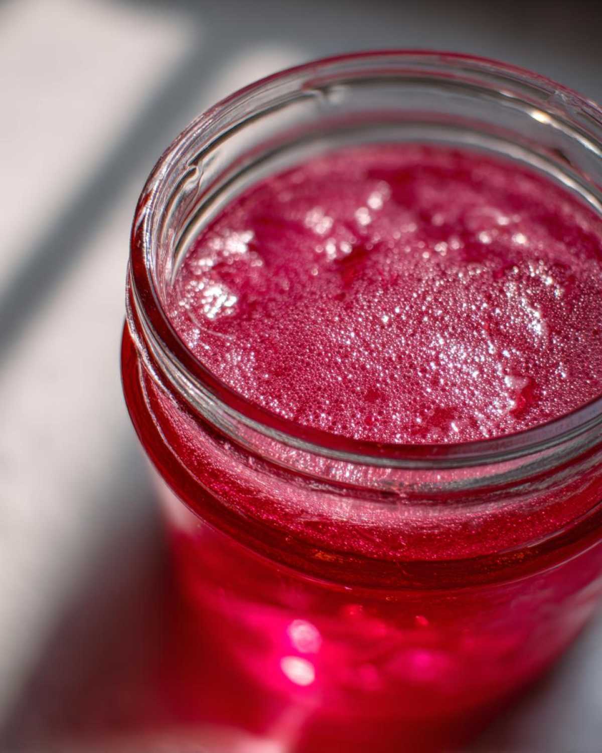 Close-up overhead view of bright pink Homemade Strawberry Lemonade Concentrate filling a glass jar, showing foam on top.