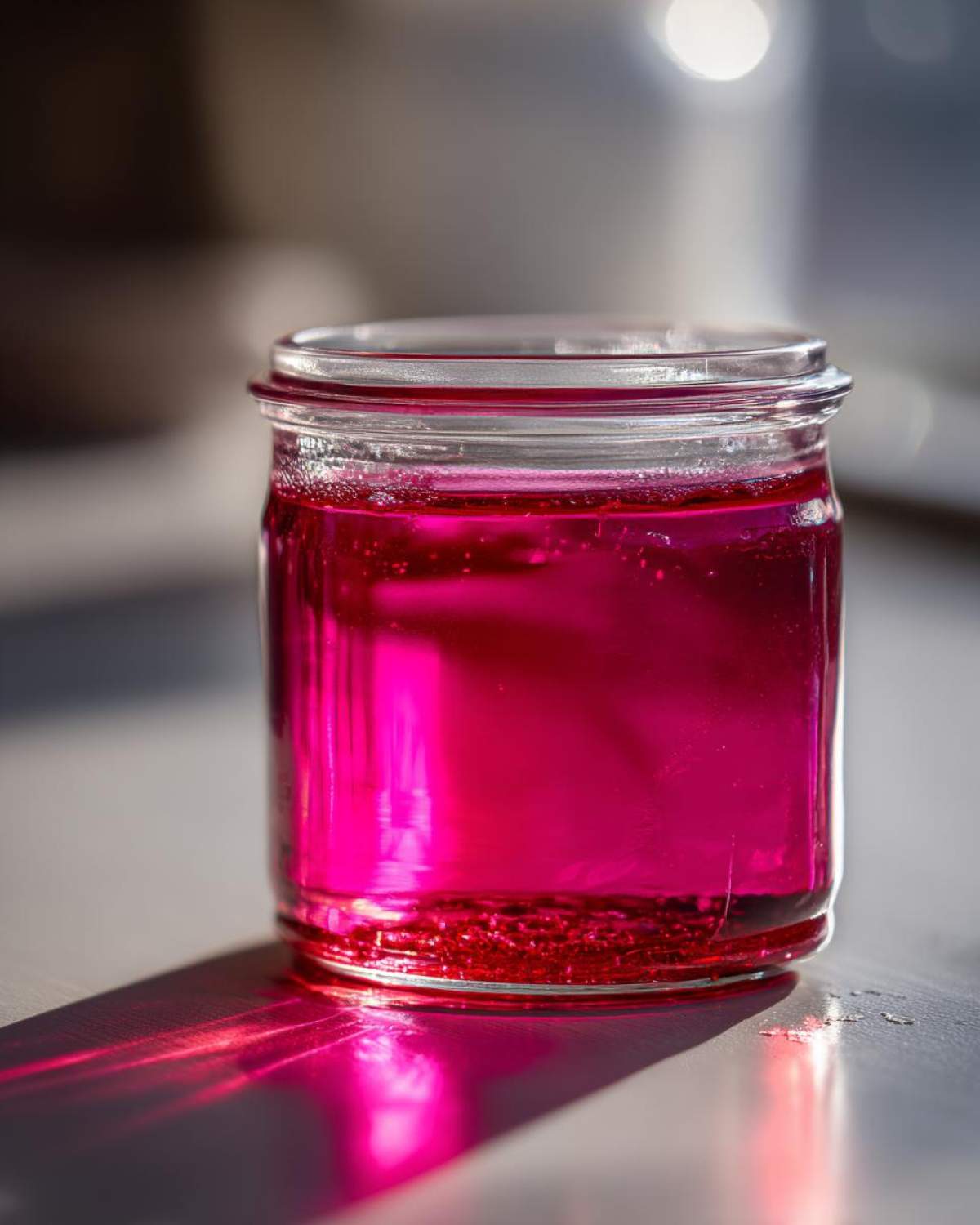 Close-up of vibrant pink Homemade Strawberry Lemonade Concentrate stored in a small glass jar.