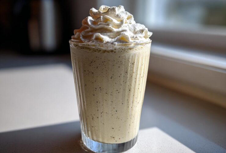 A tall glass filled with a speckled Homemade Vanilla Bean Frappuccino topped high with whipped cream.