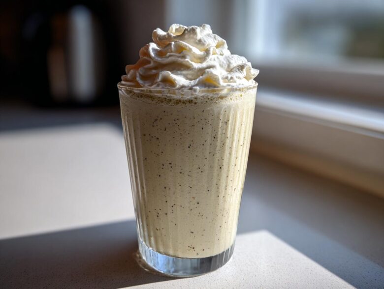 A tall glass filled with a speckled Homemade Vanilla Bean Frappuccino topped high with whipped cream.