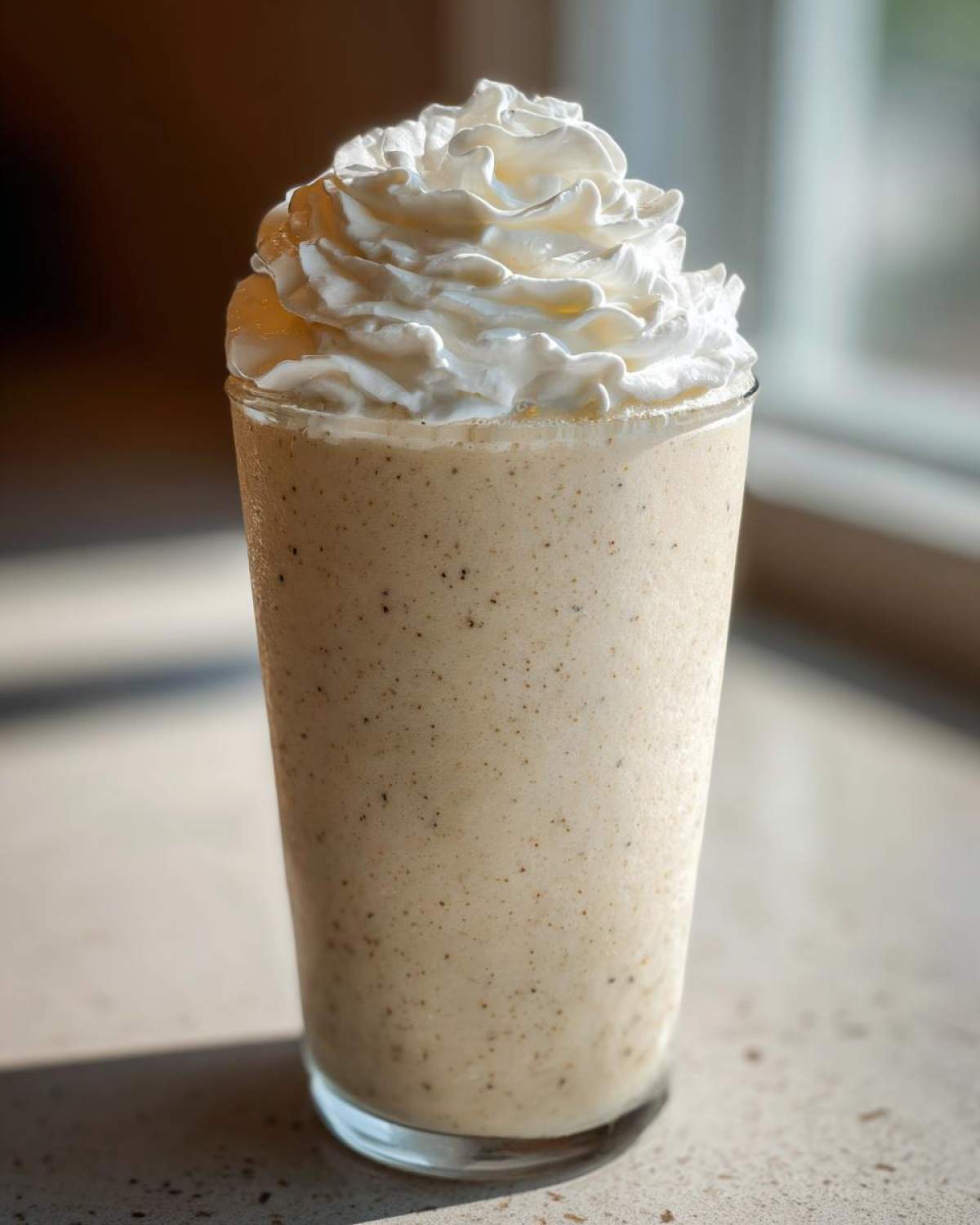 A tall glass of Homemade Vanilla Bean Frappuccino topped high with whipped cream, showing vanilla bean specks.