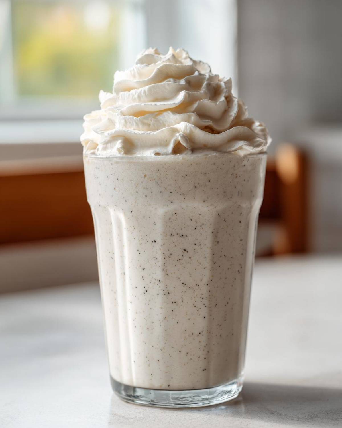 A tall glass filled with a speckled Homemade Vanilla Bean Frappuccino, topped high with whipped cream.