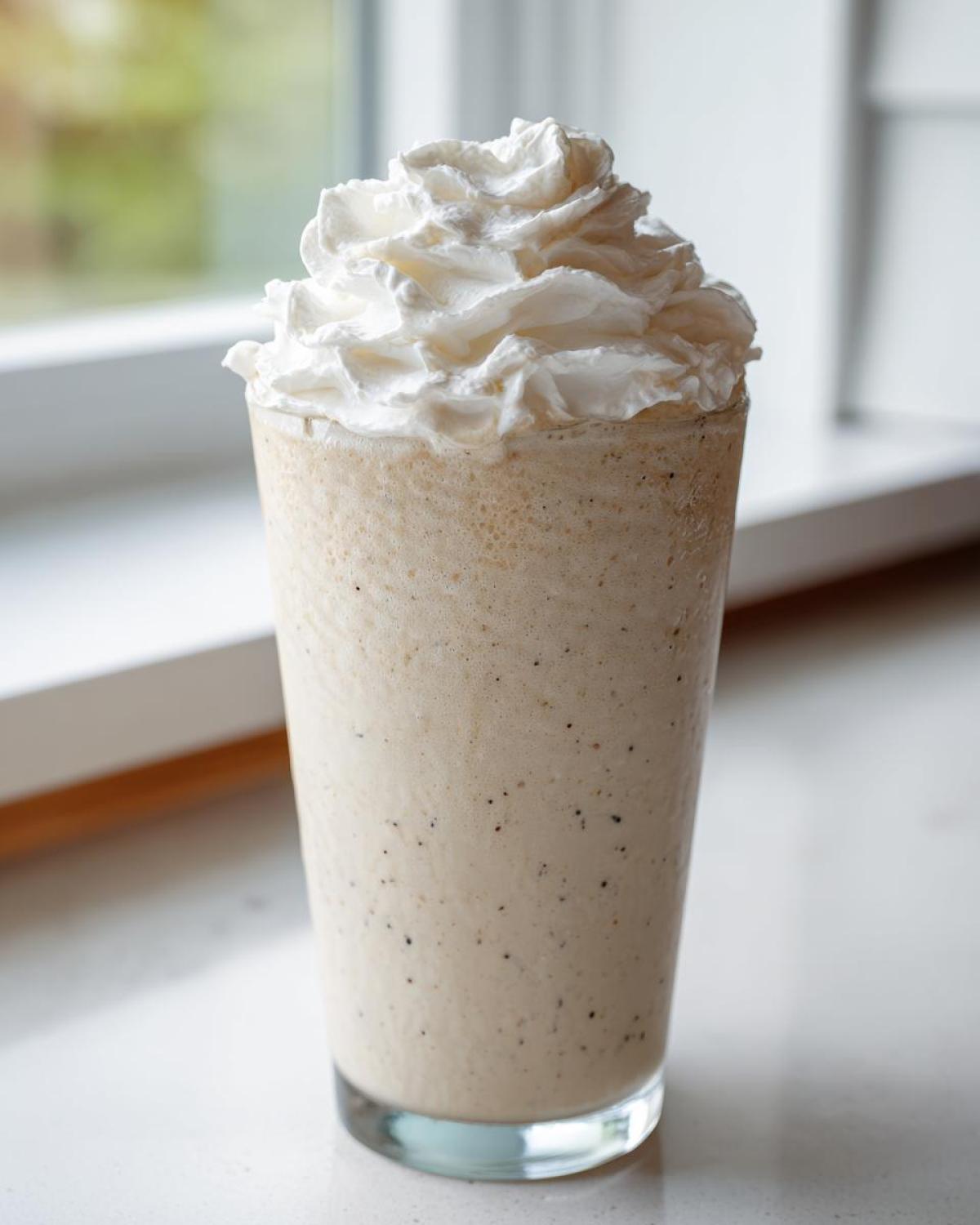 A tall glass filled with a creamy Homemade Vanilla Bean Frappuccino topped high with whipped cream.