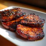 Close-up of three perfectly seared Honey Glazed Ham Steak in the Skillet pieces with a dark, glistening glaze and cracked pepper.
