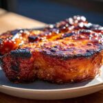 Close-up of a thick Honey Glazed Ham Steak in the Skillet, featuring a dark, shiny, caramelized crust.