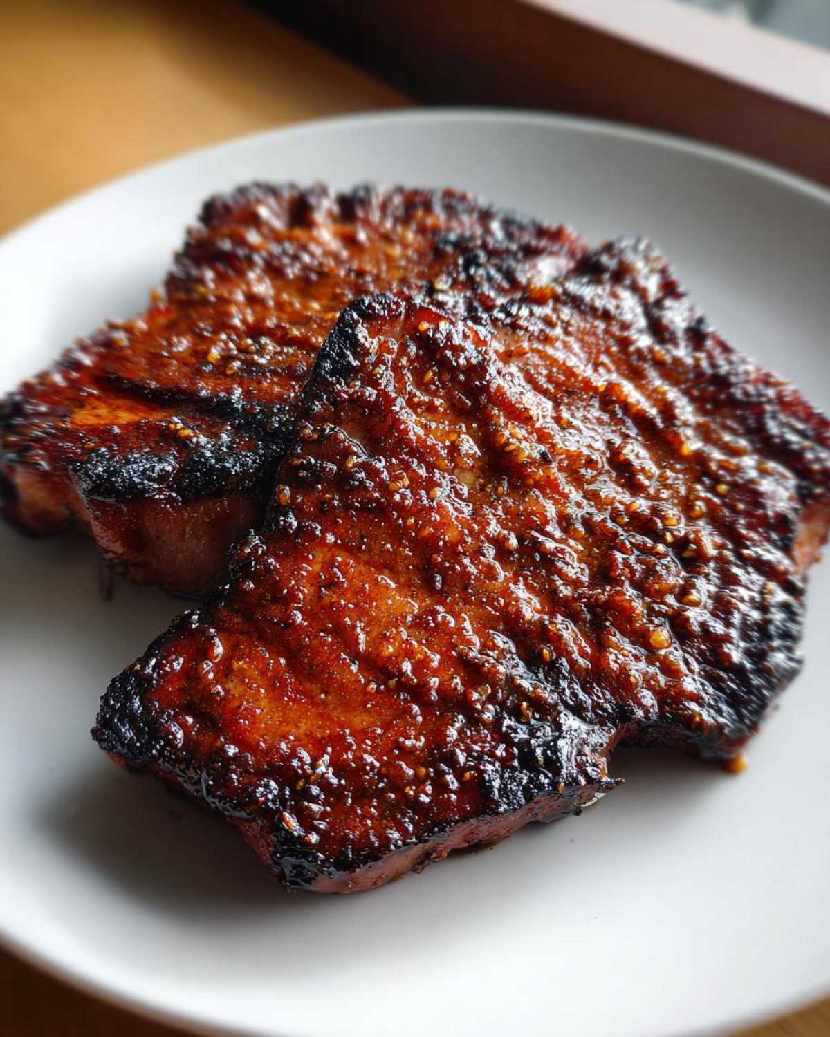 Close-up of two perfectly seared Honey Glazed Ham Steak in the Skillet slices with a shiny, caramelized glaze.