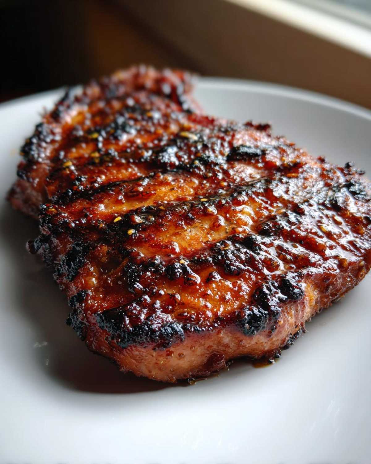 Close-up of a perfectly cooked Honey Glazed Ham Steak in the Skillet with a dark, caramelized, and shiny glaze.