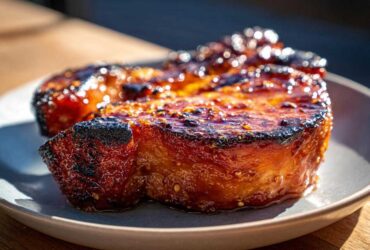 Close-up of a thick Honey Glazed Ham Steak in the Skillet, featuring a dark, shiny, caramelized crust.