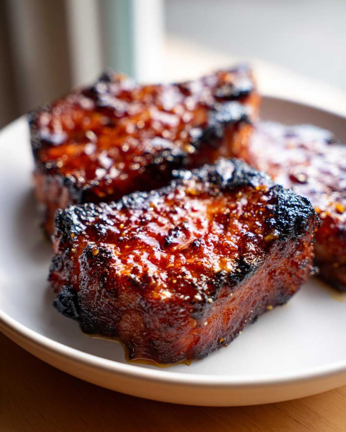 Three thick slices of Honey Glazed Ham Steak in the Skillet, featuring a dark, caramelized, and sticky honey glaze.