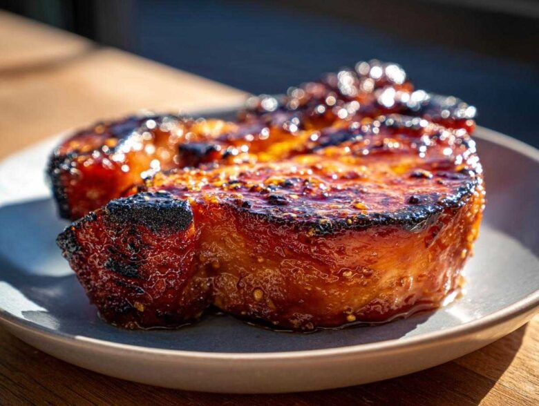 Close-up of a thick Honey Glazed Ham Steak in the Skillet, featuring a dark, shiny, caramelized crust.