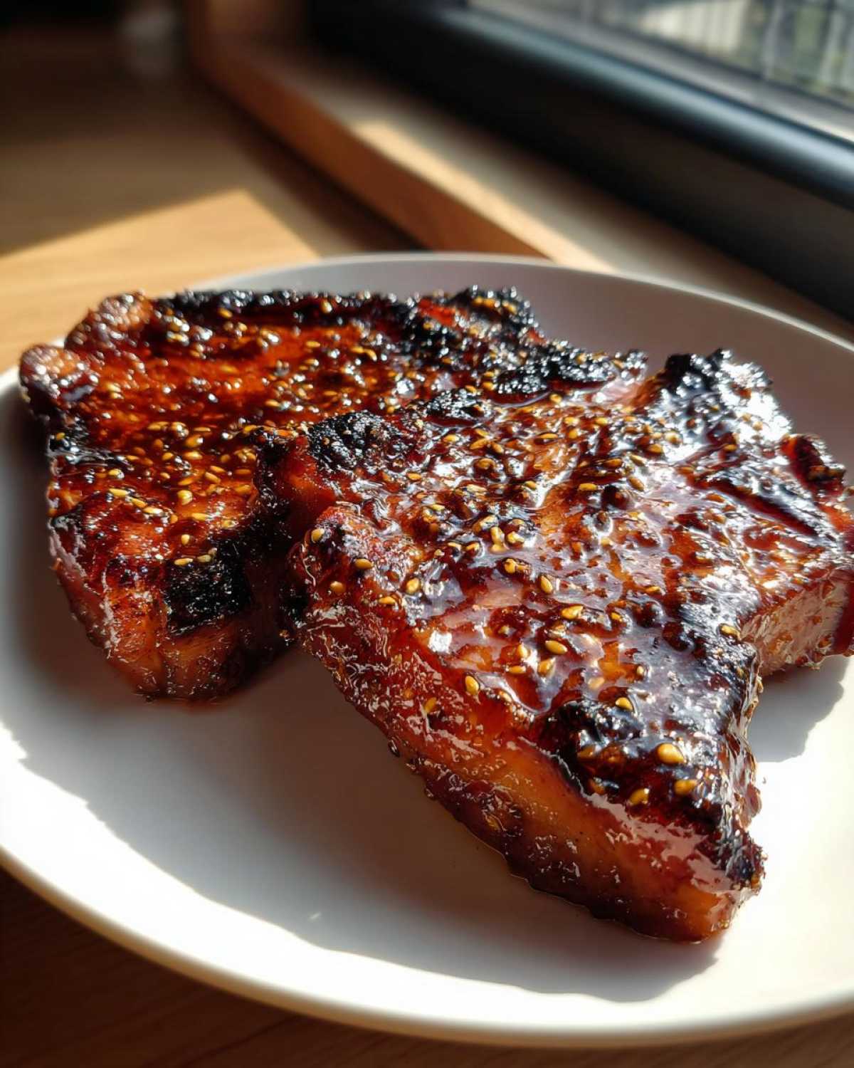 Two thick slices of Honey Glazed Ham Steak in the Skillet, covered in a dark, shiny glaze and sprinkled with sesame seeds.