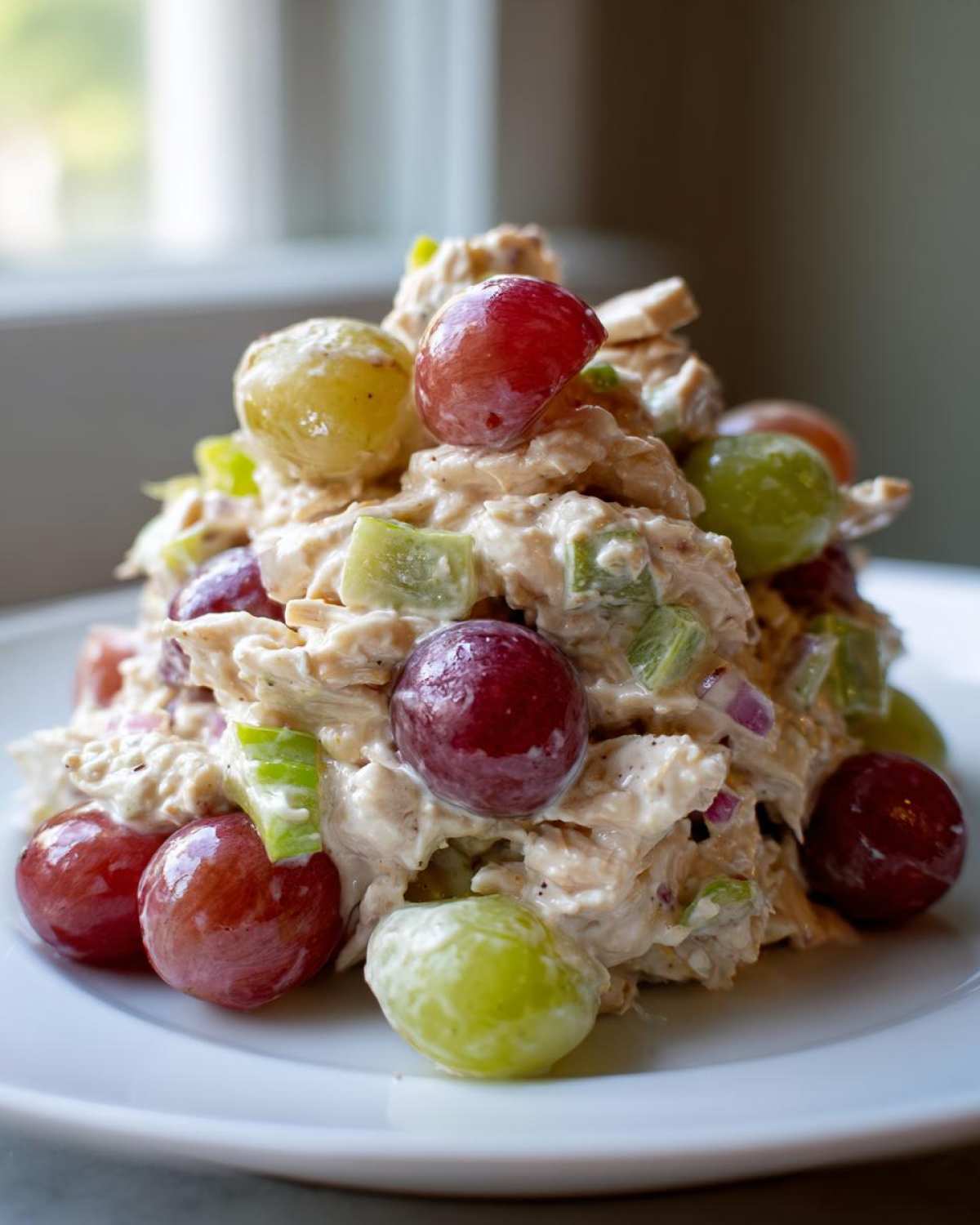 A mound of creamy Honey Mustard Chicken Salad with Grapes, featuring red and green grapes, served on a white plate.