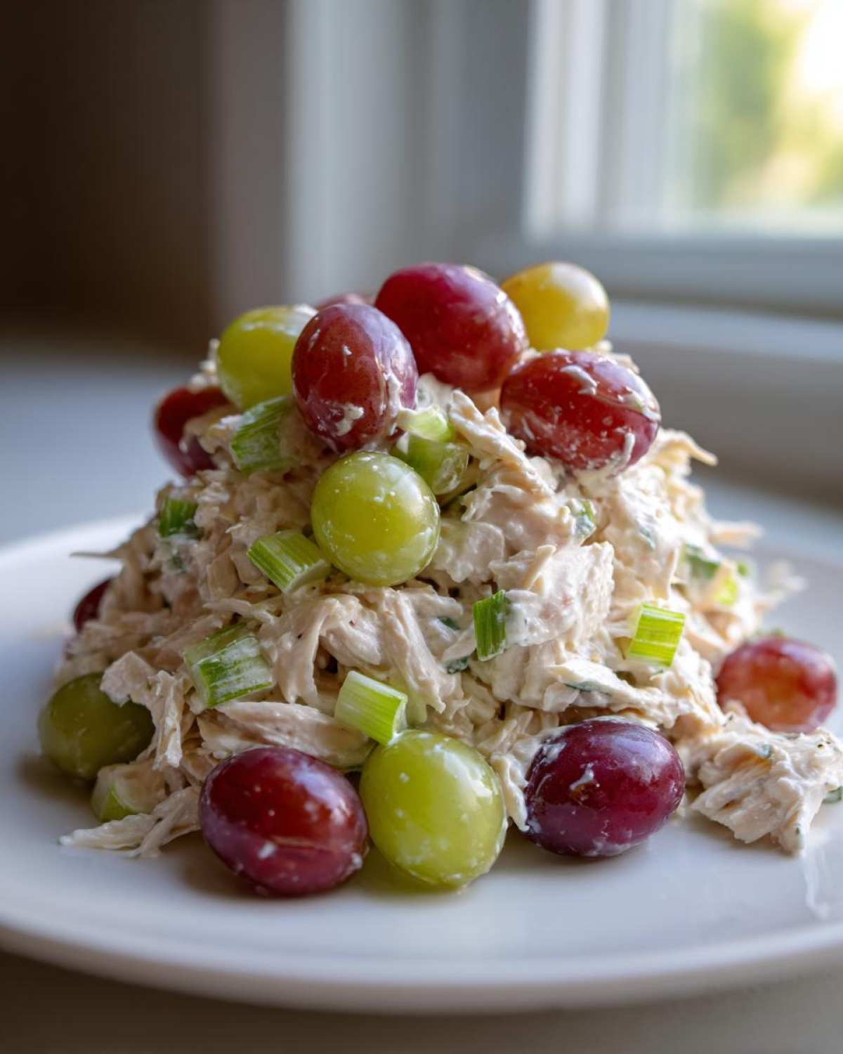A mound of creamy Honey Mustard Chicken Salad with Grapes and chopped celery served on a white plate.