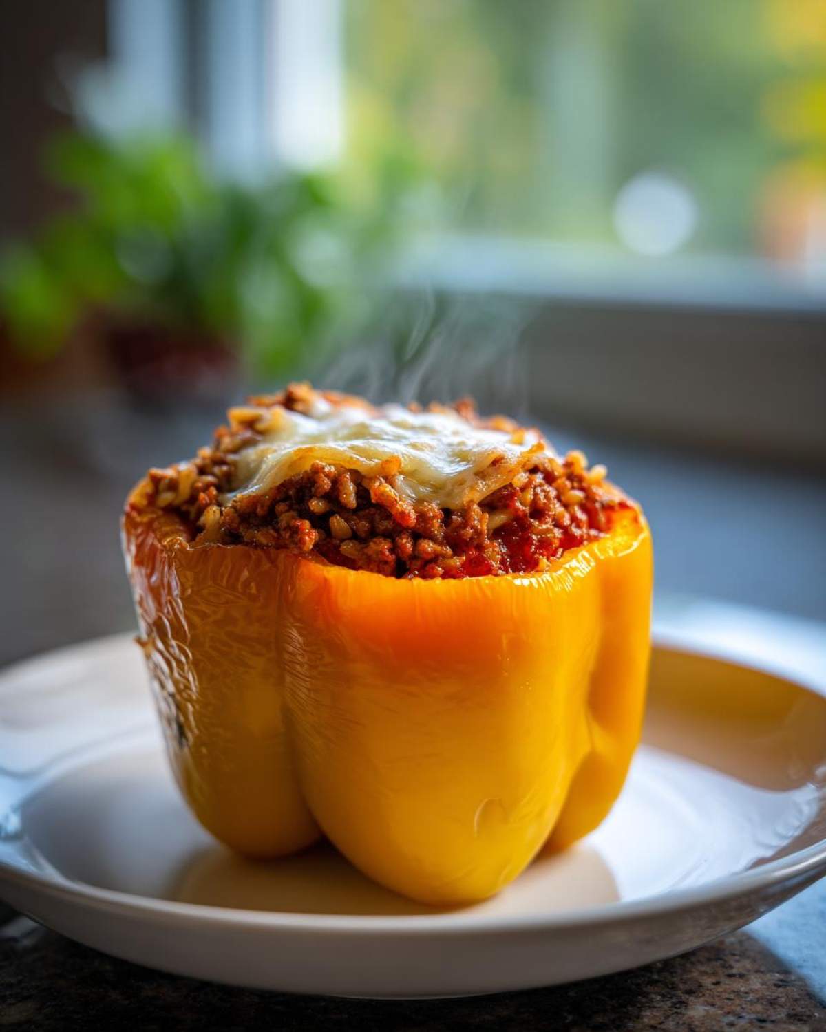 A single, bright yellow Air Fryer Stuffed Bell Peppers overflowing with meat and rice filling, topped with melted cheese and steaming.