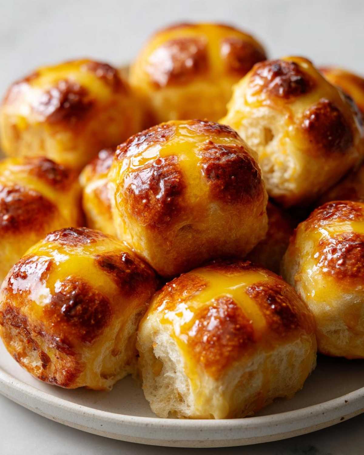 A pile of freshly baked Hot Cross Buns with Orange Glaze, featuring a shiny, golden-brown crust and visible cross markings.