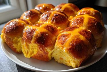 A plate filled with freshly baked, golden brown Hot Cross Buns with Orange Glaze, glistening under natural light.