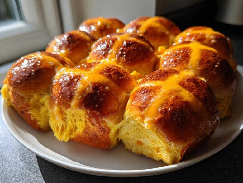 A plate filled with freshly baked, golden brown Hot Cross Buns with Orange Glaze, glistening under natural light.