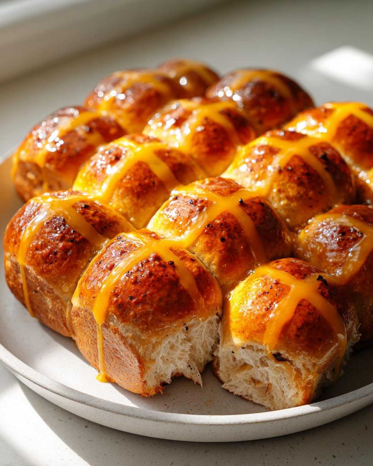 A platter of freshly baked Hot Cross Buns with Orange Glaze, featuring a shiny orange glaze dripping down the sides.