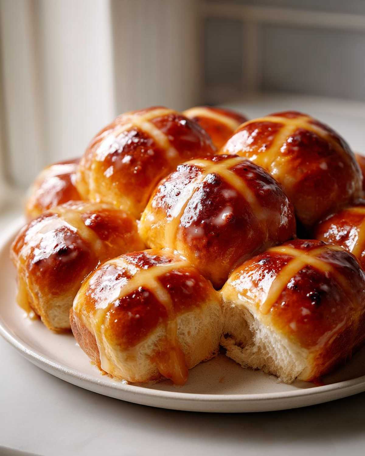 A close-up of freshly baked Hot Cross Buns with Orange Glaze, stacked on a plate, showing a soft interior.