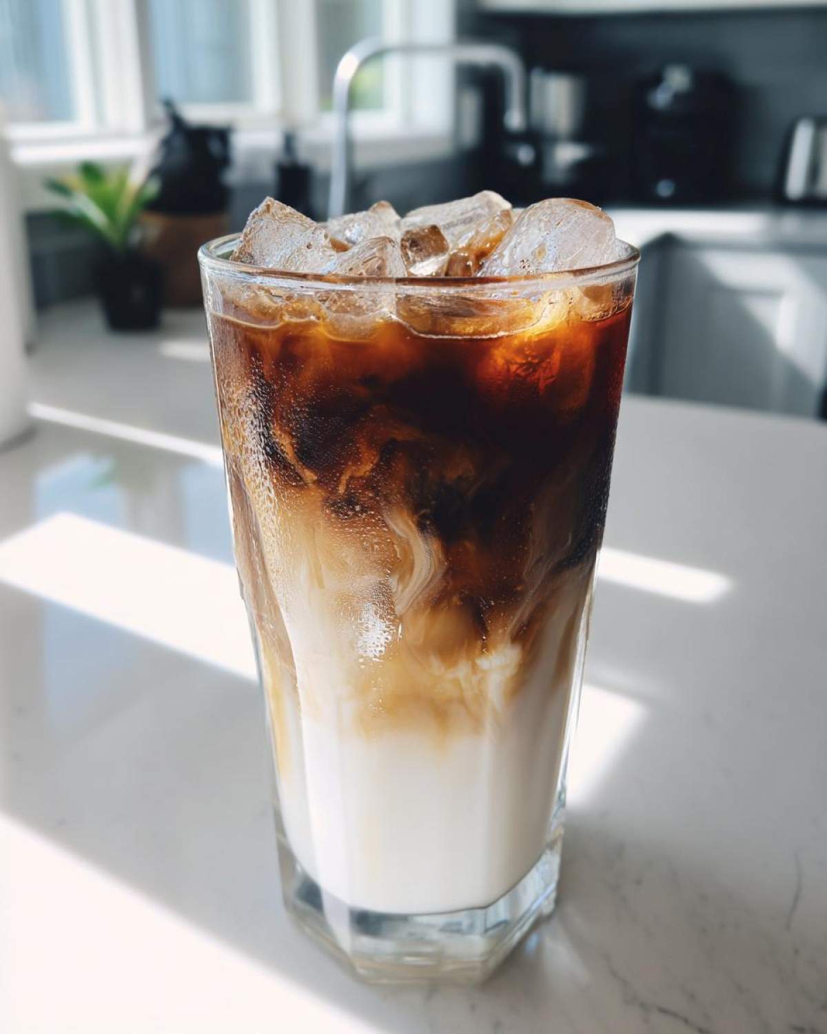 A tall glass filled with a layered Iced Brown Sugar Oatmilk Latte, showing rich espresso swirling into white oat milk over ice.