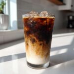Close-up of a refreshing Iced Brown Sugar Oatmilk Latte with visible layers of oat milk, syrup, and espresso over ice.