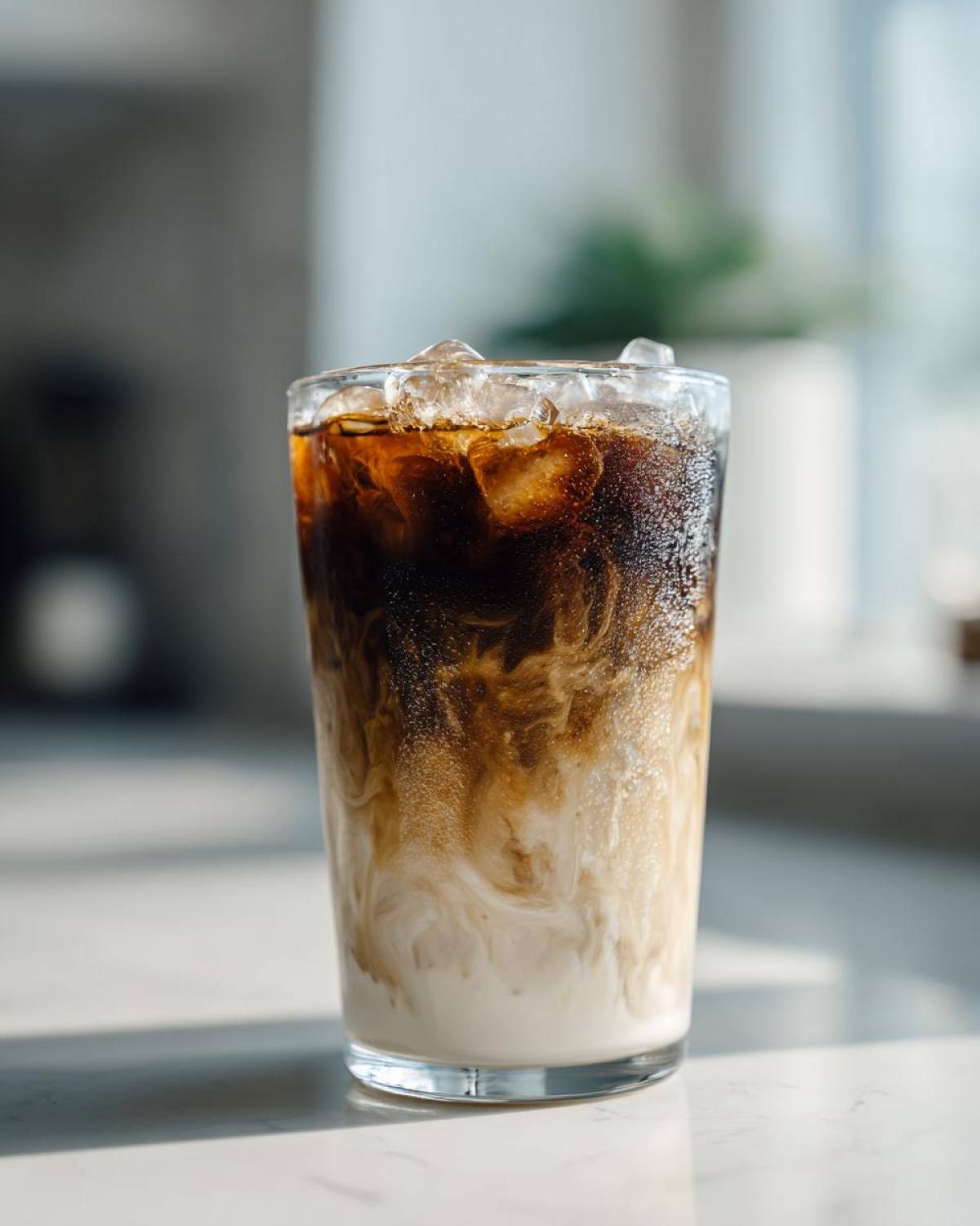 Close-up of an Iced Brown Sugar Oatmilk Latte showing layers of dark espresso mixing with creamy oatmilk and ice.