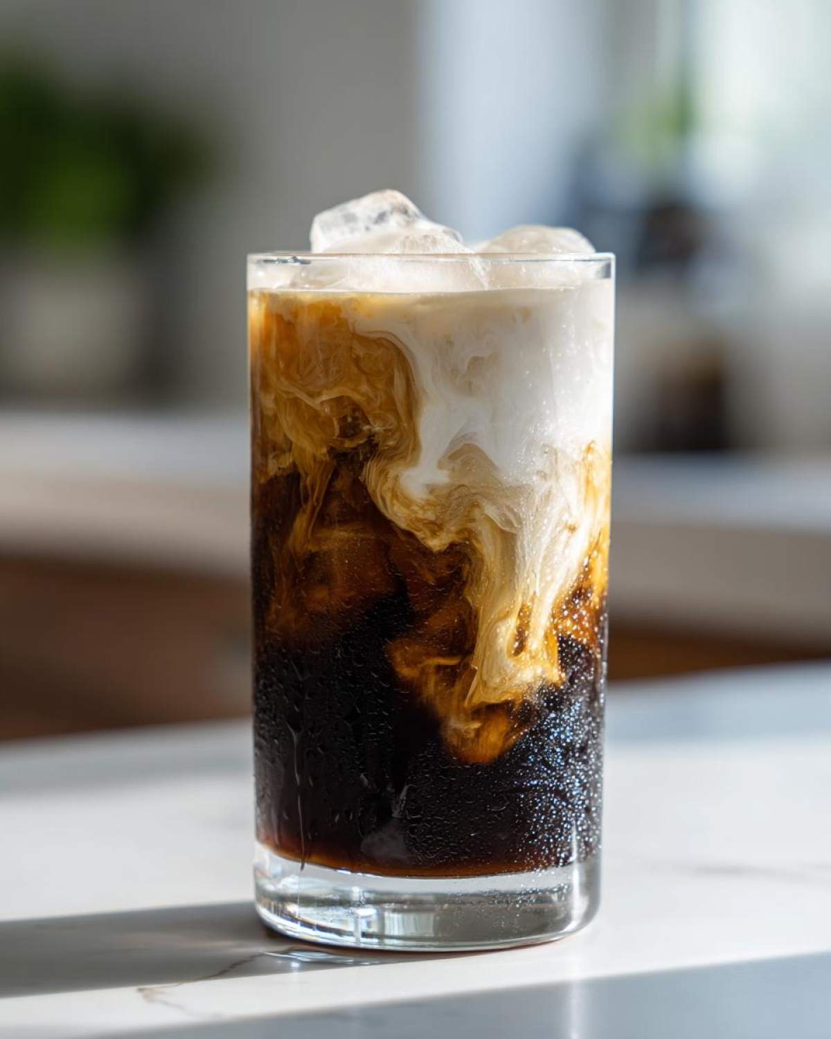 Close-up of an Iced Brown Sugar Oatmilk Latte showing rich coffee swirling with creamy oatmilk over ice.
