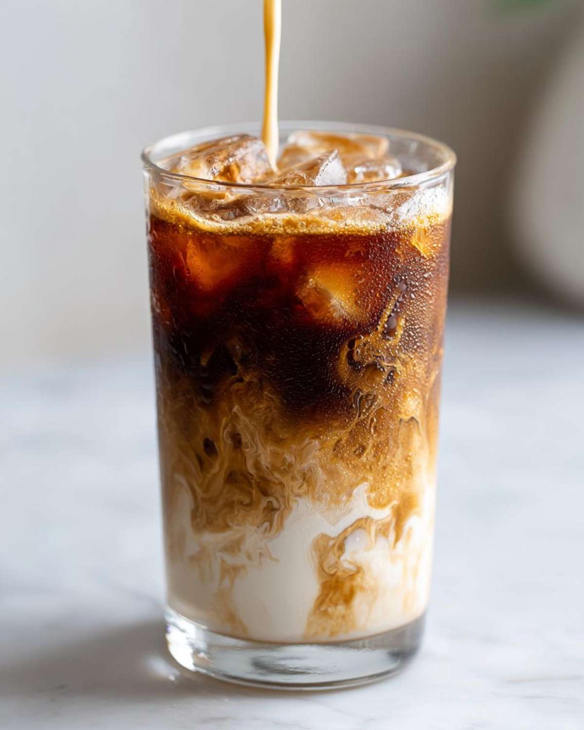 A stream of coffee mixing into oatmilk and ice to create an Iced Brown Sugar Oatmilk Latte in a glass.