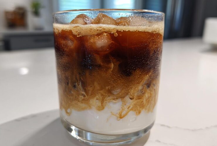 Close-up of a condensation-covered glass containing an Iced Brown Sugar Oatmilk Latte with swirling layers of coffee and oatmilk.