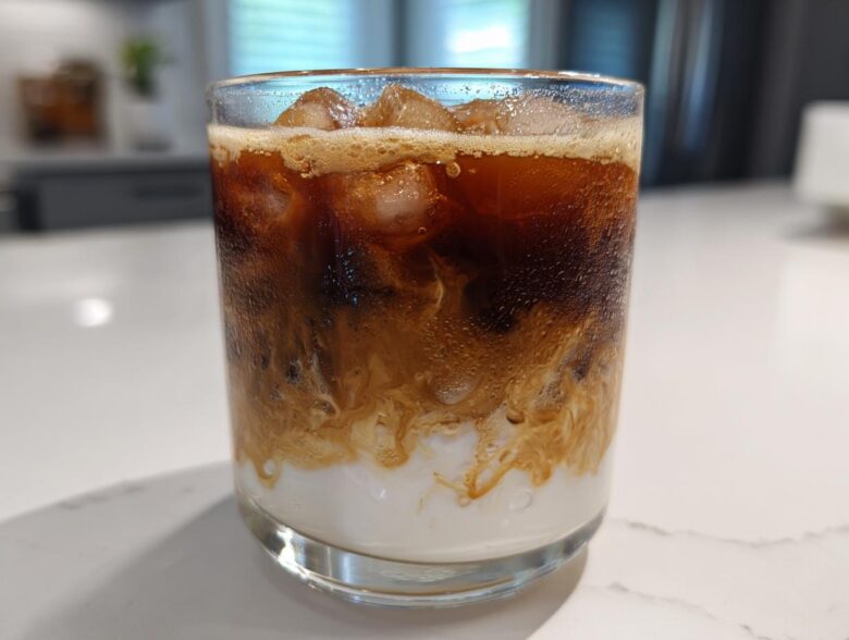 Close-up of a condensation-covered glass containing an Iced Brown Sugar Oatmilk Latte with swirling layers of coffee and oatmilk.