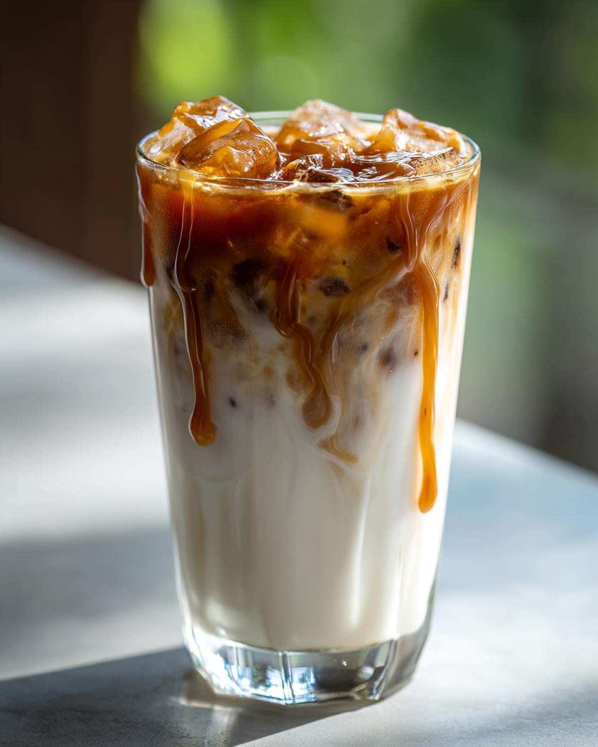 Close-up of a tall glass filled with an Iced Caramel Macchiato, showing layers of milk, espresso, and dripping caramel sauce over ice.