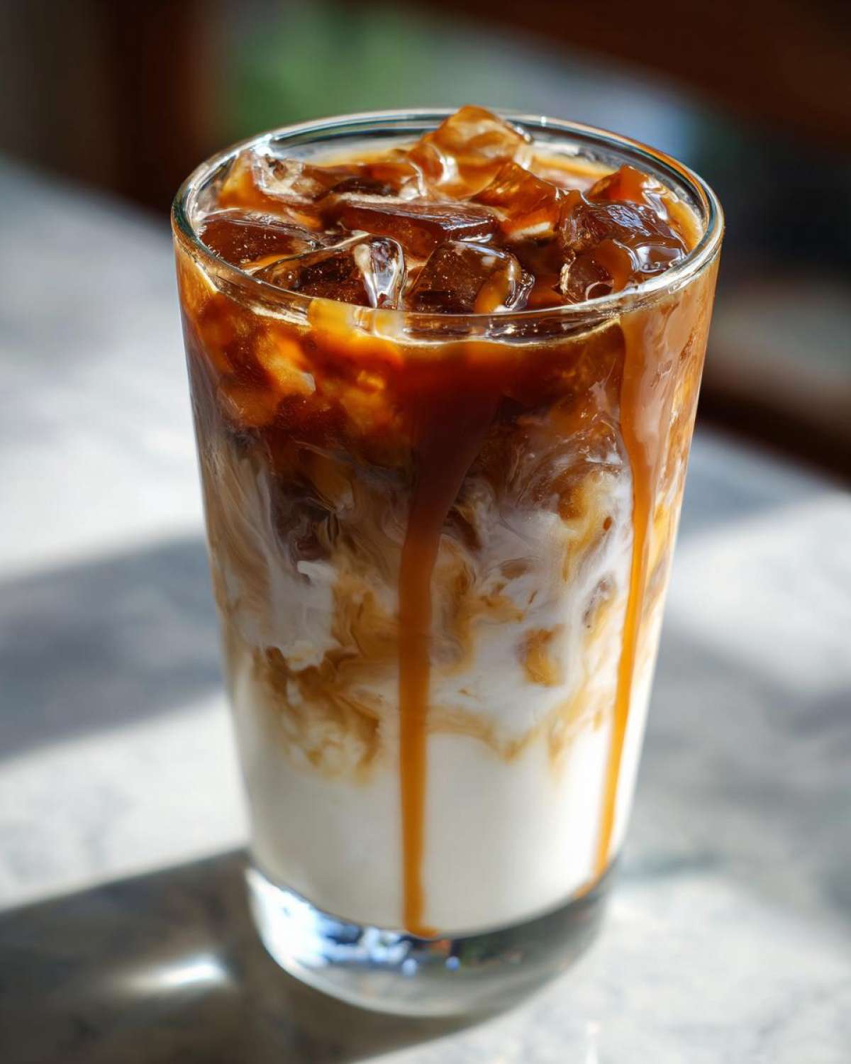 Close-up of a tall glass containing an Iced Caramel Macchiato with milk, espresso, ice, and caramel drizzling down the sides.