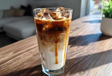 A tall glass of Iced Caramel Macchiato layered with milk, espresso, ice, and dripping caramel sauce.