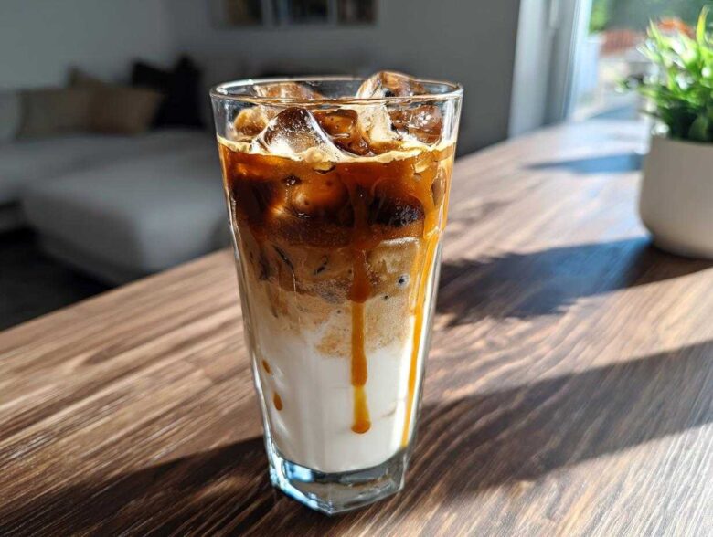 A tall glass of Iced Caramel Macchiato layered with milk, espresso, ice, and dripping caramel sauce.