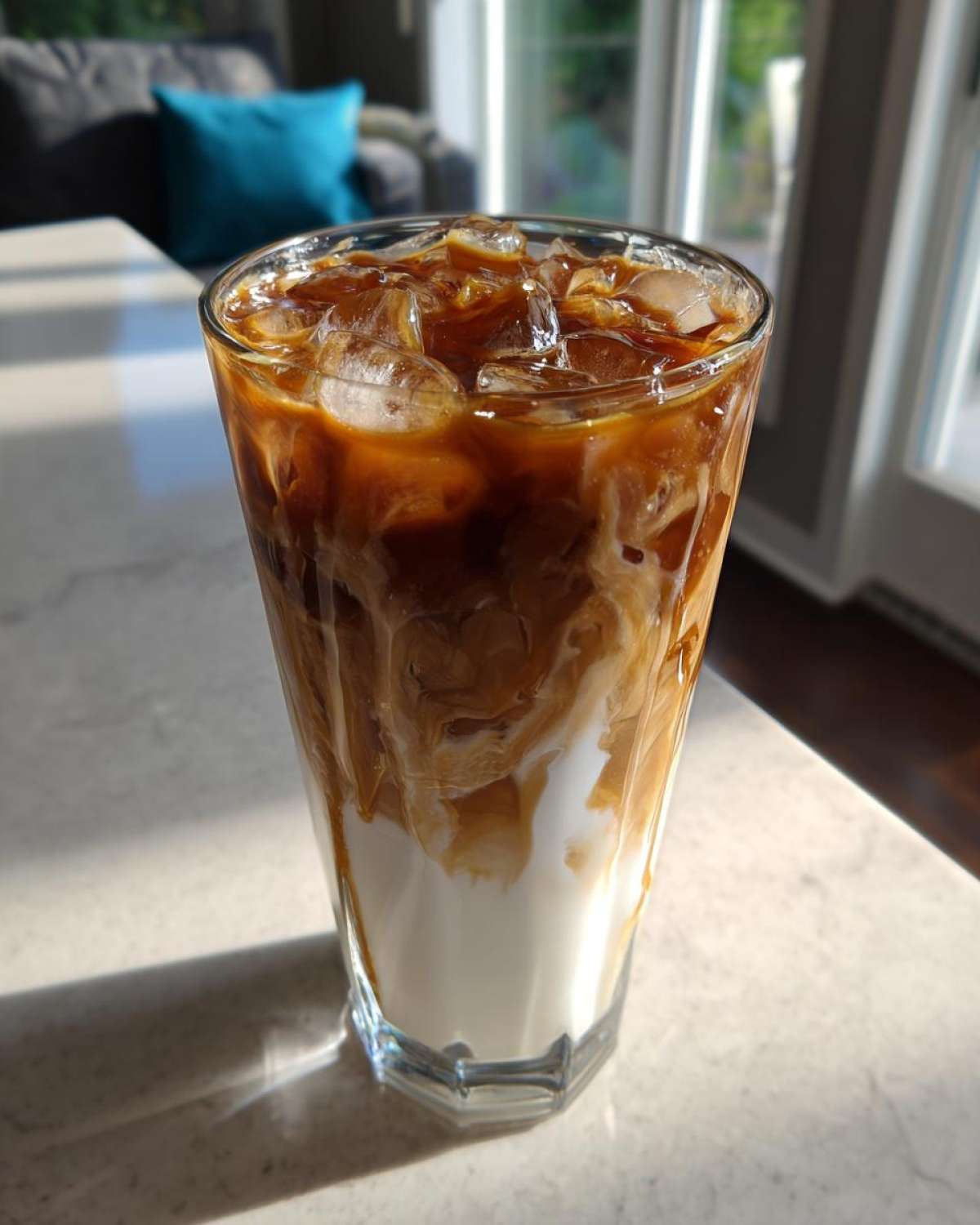 A tall glass filled with an Iced Caramel Macchiato showing distinct layers of milk, espresso, and caramel swirls over ice.