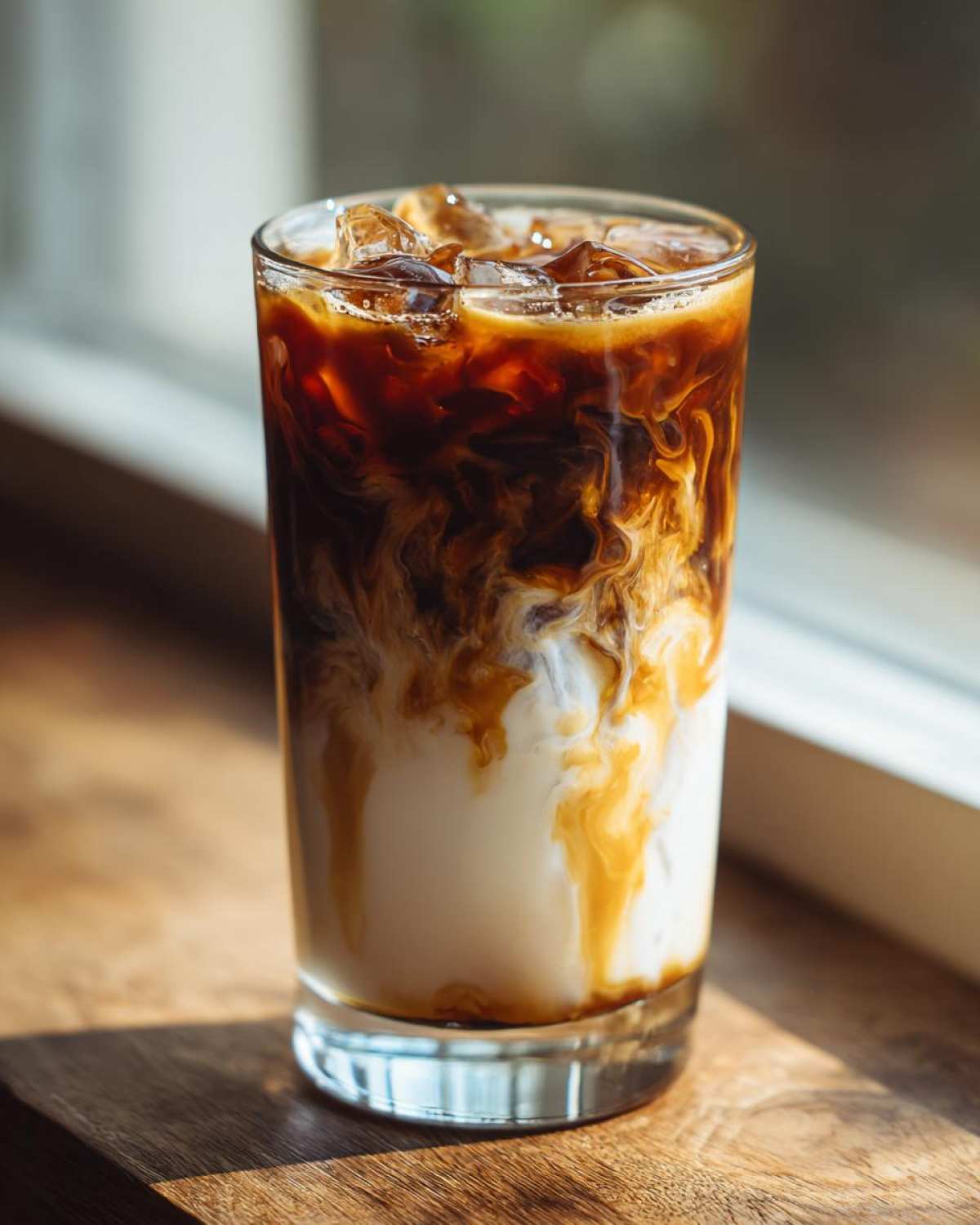 Close-up of a tall glass showing the beautiful swirling layers of milk, espresso, and caramel in an Iced Caramel Macchiato.