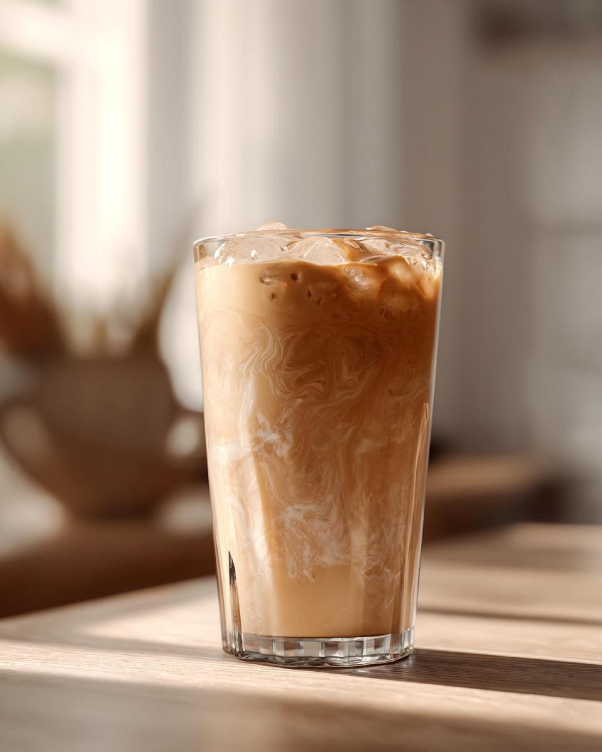 A tall glass of iced coffee with cream swirling into the dark liquid, sitting on a sunlit wooden table.