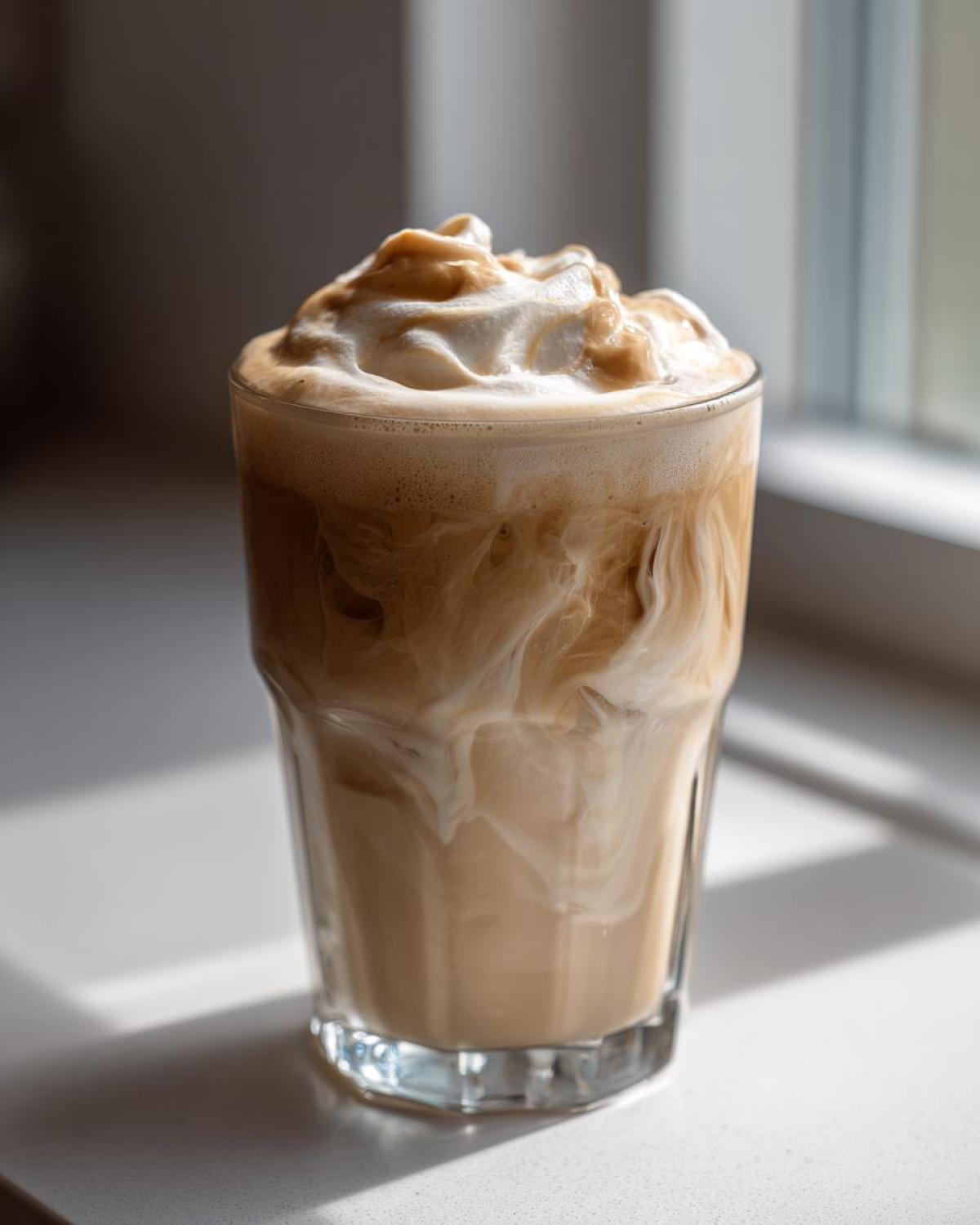 A tall glass of iced coffee with cream swirling into the brown liquid, topped with whipped cream, resembling a Banana Peanut Butter Smoothie.