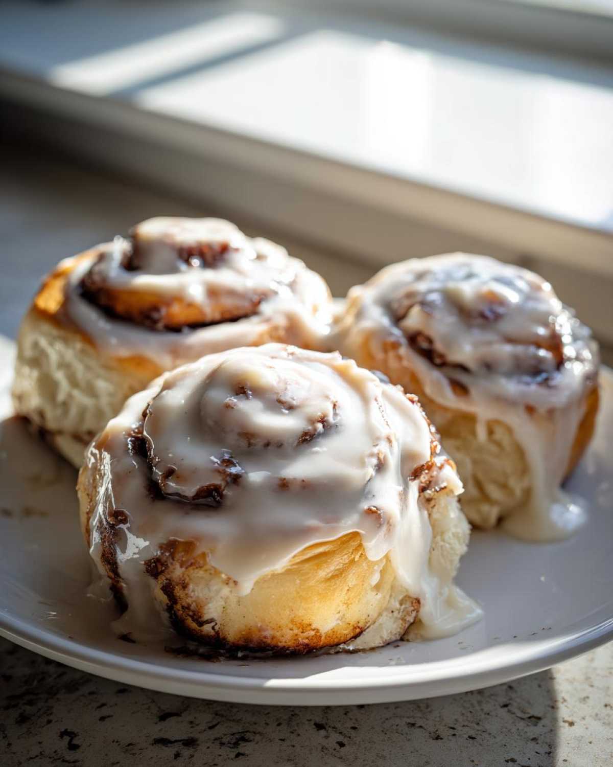 Three soft Gluten-Free Cinnamon Rolls generously topped with white icing, sitting on a white plate near a window.