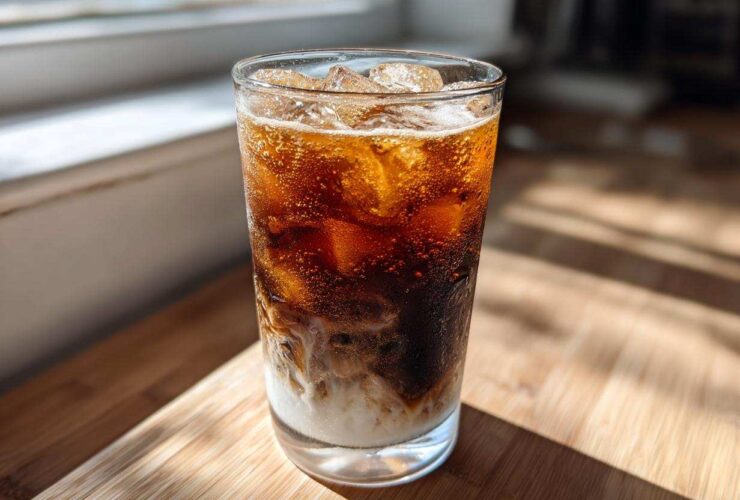 A tall glass showing the layers of an Iced Honey Almond Milk Latte with ice cubes, dark coffee, and swirling almond milk.