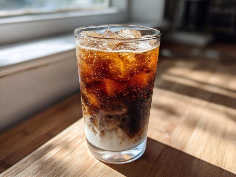 A tall glass showing the layers of an Iced Honey Almond Milk Latte with ice cubes, dark coffee, and swirling almond milk.