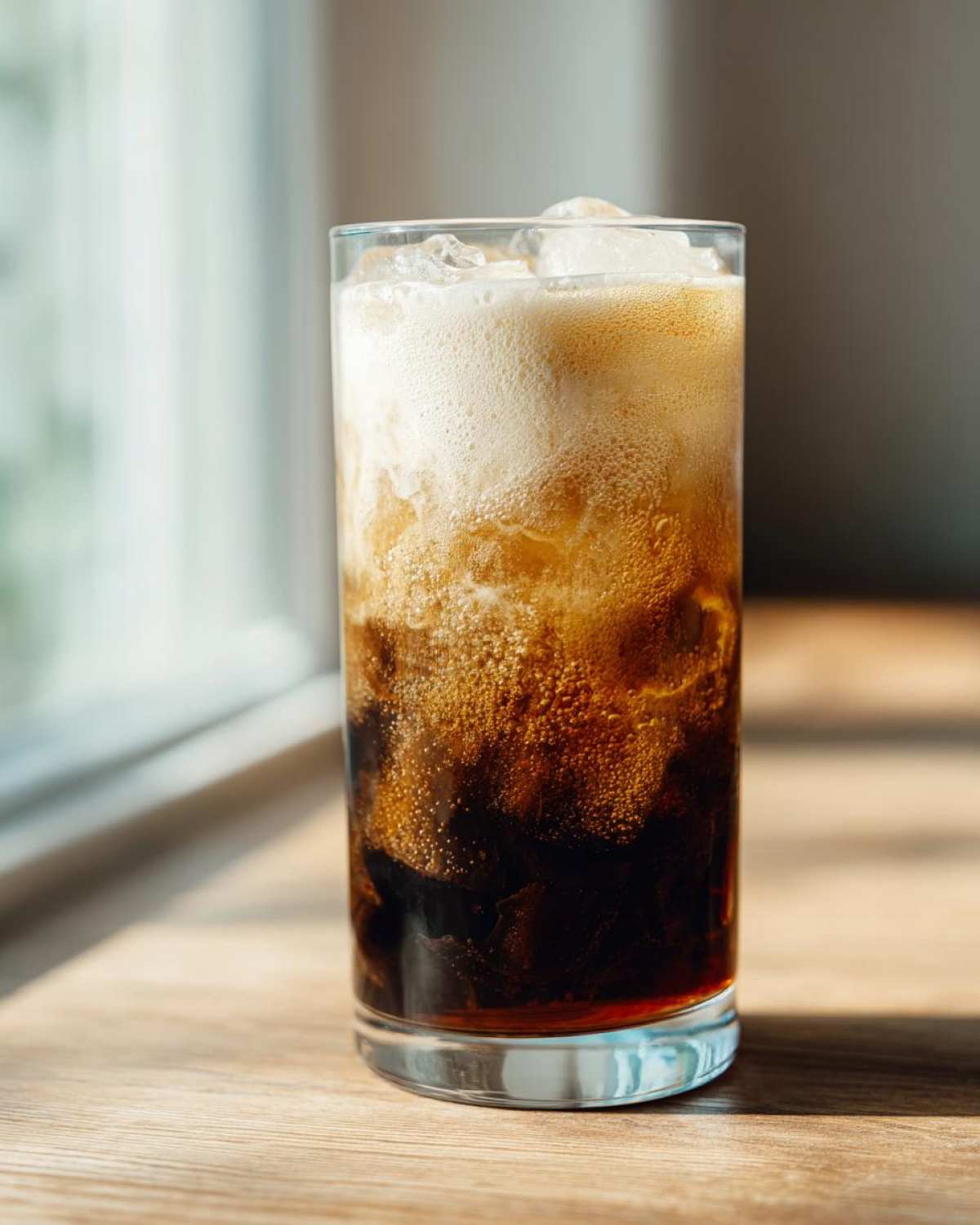 Tall glass of Iced Honey Almond Milk Latte showing layers of dark coffee, creamy foam, and ice cubes.