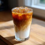 A tall glass of Iced Honey Almond Milk Latte showing layers of white milk, brown espresso, and ice cubes.