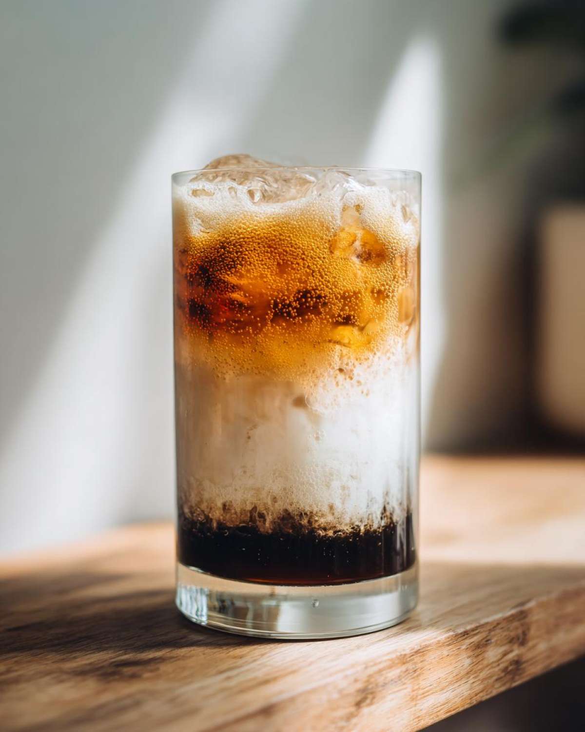 A tall glass showing the distinct layers of an Iced Honey Almond Milk Latte over ice.